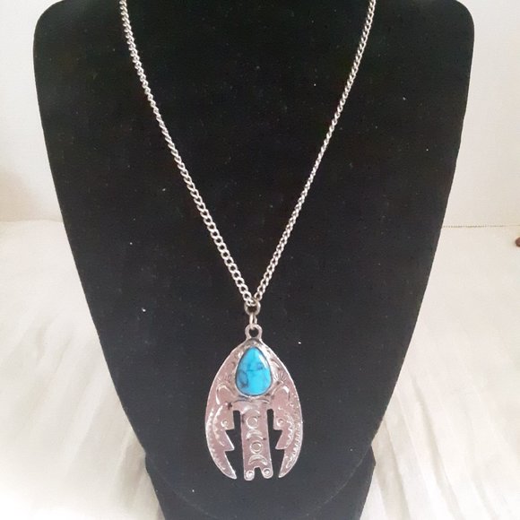 Faux Turquoise Silver Tone Bird Necklace - Picture 1 of 7
